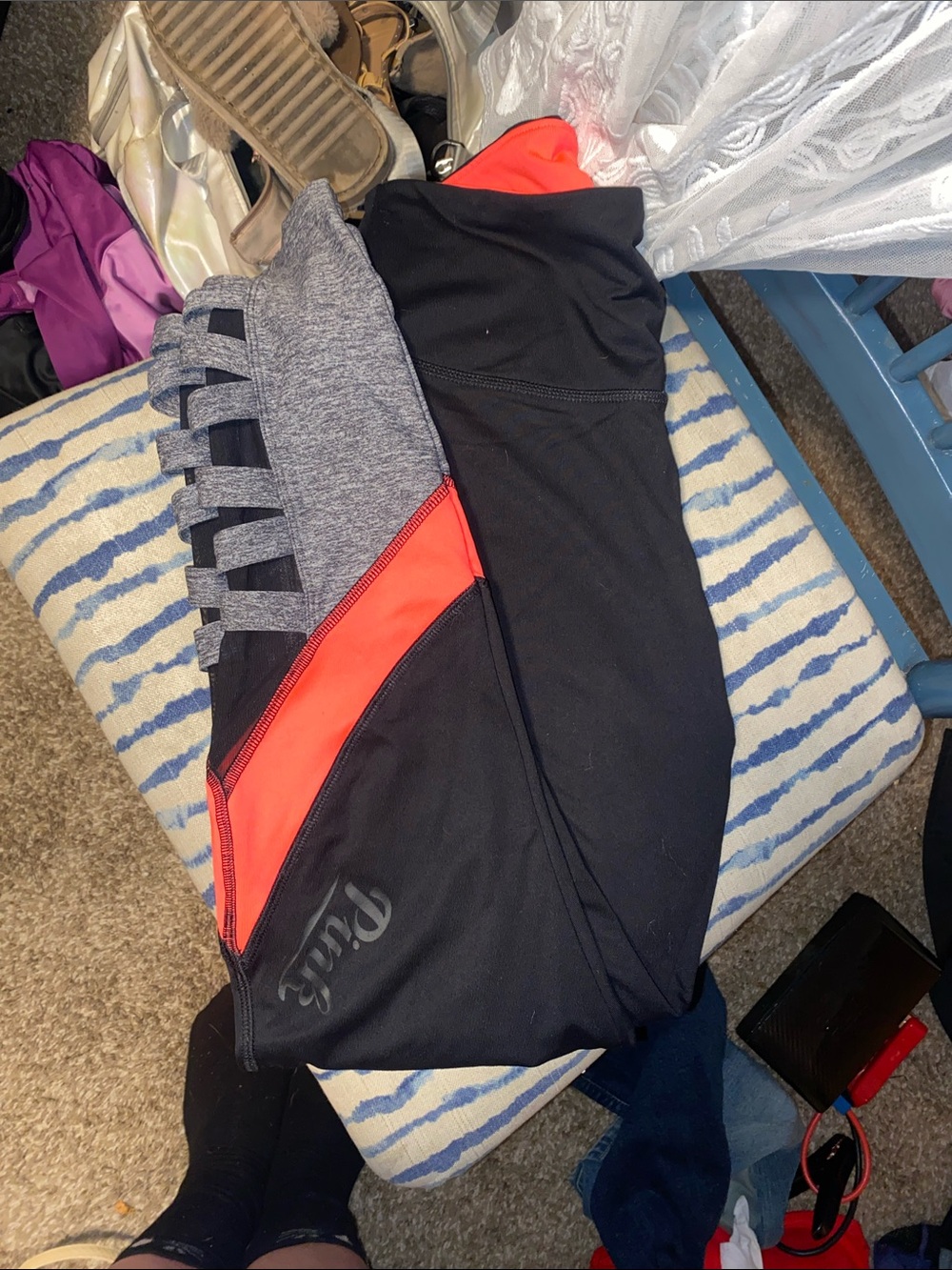 Victoria's Secret Black Leggings with Gray and Red Accents